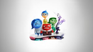 A vibrant scene from Inside Out 2 featuring Joy, Sadness, and new emotions supporting Riley during her adolescence.