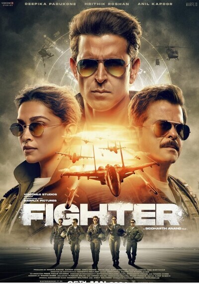 The feature image of Fighter Film 2024, showcasing Hrithik Roshan and Deepika Padukone in full flight gear, preparing for an intense aerial mission against a backdrop of fighter jets.