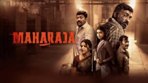 Main cast of 'Maharaja (2024)' standing together in a dramatic pose, with the movie title prominently displayed on the left, set against a dark, atmospheric background