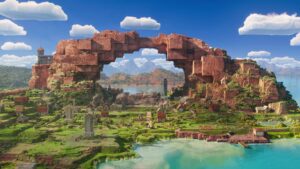 Scenic Minecraft landscape featuring a large natural stone arch over lush green plains and a tranquil body of water, with distant mountains and blue skies dotted with clouds