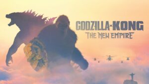 Godzilla and Kong standing together in a misty battlefield with the title Godzilla x Kong: The New Empire.