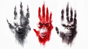 Artistic depiction of three iconic monster faces from Godzilla x Kong: The New Empire with claw marks.