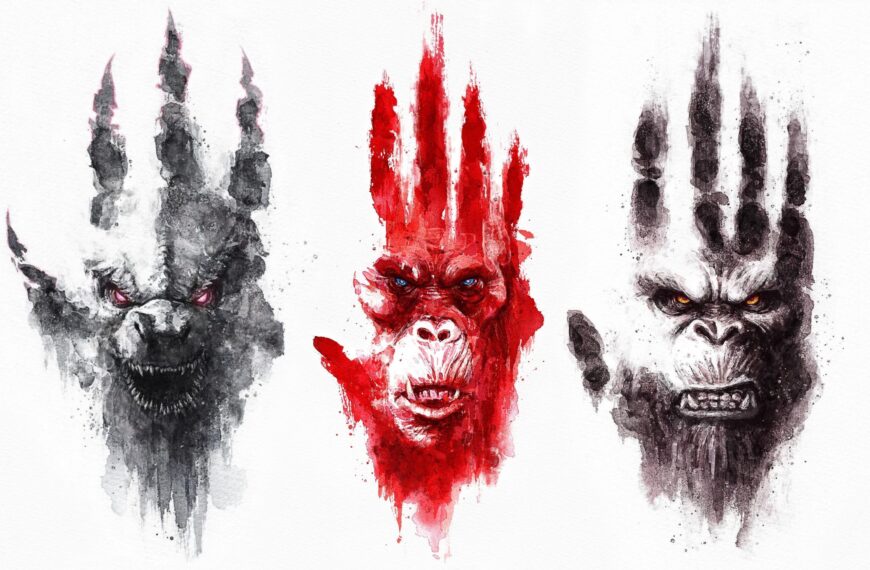 Artistic depiction of three iconic monster faces from Godzilla x Kong: The New Empire with claw marks.