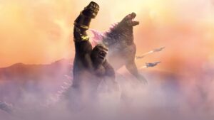 Epic battle scene between Godzilla and Kong in the movie Godzilla x Kong: The New Empire.