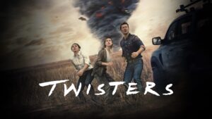 Official poster for the movie Twisters, featuring three characters bracing against a massive tornado in the background, with a storm-chasing vehicle in the foreground.