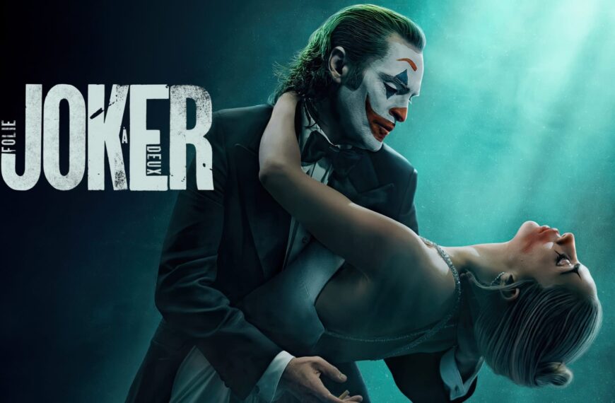 Joaquin Phoenix as Joker dancing with Lady Gaga as Harley Quinn in a dramatic scene from 'Joker: Folie à Deux,' with the movie title displayed on the left.