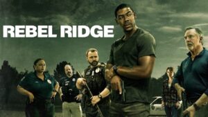 Feature image of the Rebel Ridge movie showing the main character with a firearm, flanked by law enforcement officers, set against a stormy sky backdrop