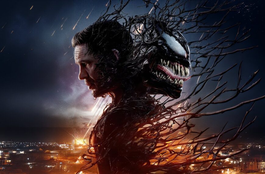 Eddie Brock and Venom merge in a dark, intense scene from Venom: The Last Dance with a city backdrop.