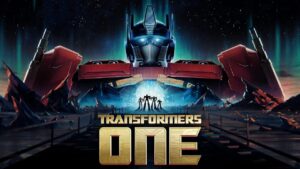 Official poster of Transformers One, featuring Optimus Prime in front of a futuristic landscape with the movie's title in bold letters.