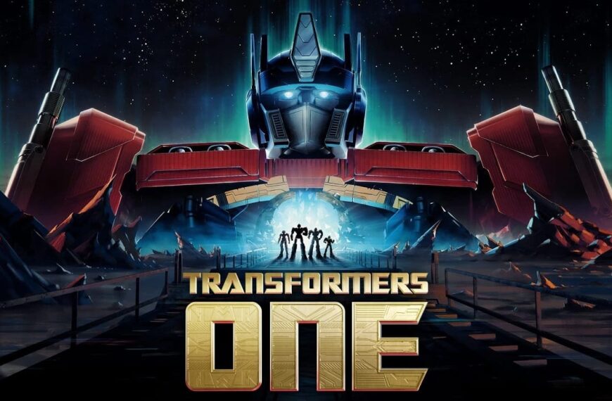 Official poster of Transformers One, featuring Optimus Prime in front of a futuristic landscape with the movie's title in bold letters.