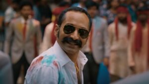  A charismatic character smirking at the camera in Avashman, showcasing confidence amidst a bustling crowd.