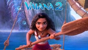 Moana navigating her boat across the ocean in Moana 2, symbolizing her courage and determination as she faces new challenges.