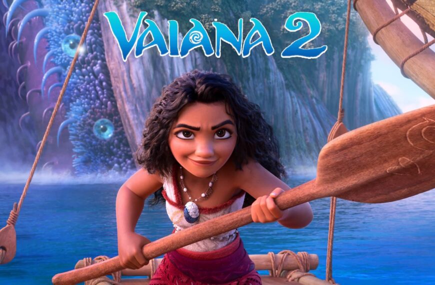 Moana navigating her boat across the ocean in Moana 2, symbolizing her courage and determination as she faces new challenges.