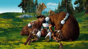 Roz resting with animals in a peaceful meadow from The Wild Robot.