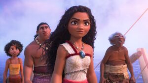 Moana and Maui standing together, ready for a new adventure in Moana 2, showcasing vibrant colors and expressions of determination.