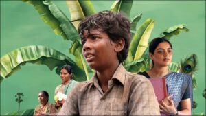 Thambi surrounded by supporting characters in the Tamil movie Vaazhai, a story of hope and resilience in rural Tamil Nadu.