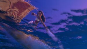 A breathtaking view of the lush tropical islands featured in Moana 2, highlighting the beauty of the ocean and nature surrounding Moana.