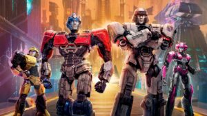 Optimus Prime, Megatron, and other Transformers characters standing together in Cybertron, as depicted in Transformers One, the animated prequel