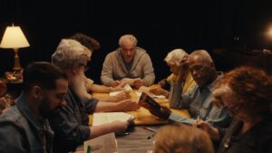 Group of people seated around a table in Ghostlight 2024, engaged in a tense moment.