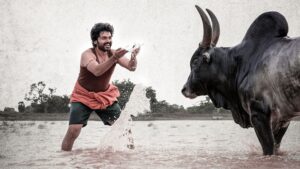 Scene from the movie Meiyazhagan (2024), featuring the protagonist facing a large black bull in a rural setting, symbolizing themes of strength and heritage.