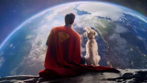 Superman and his loyal dog looking over Earth from space in Superman 2025